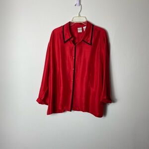 Red Button-Up Blouse with Black Trim